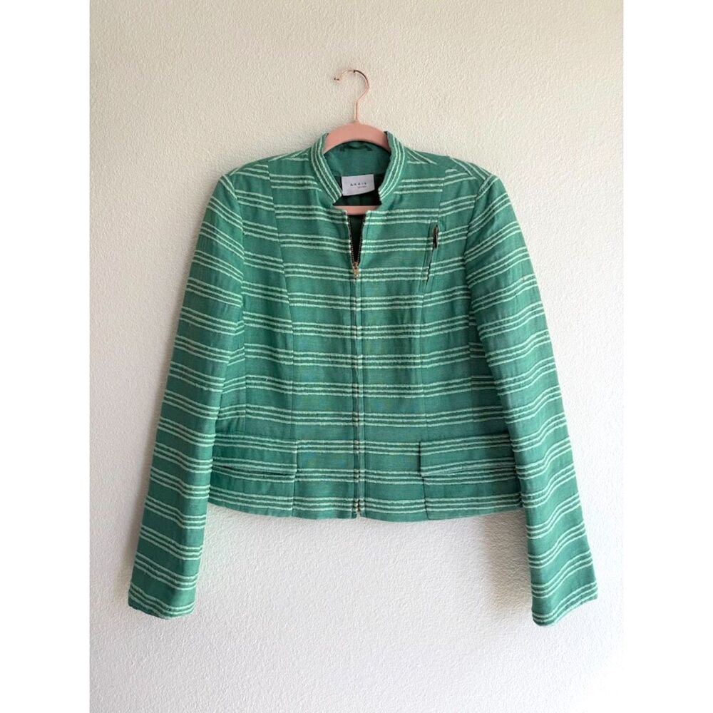 Akris Punto 100% Silk Tailored Cropped Jacket in Green Embroidered Stripes 10 M